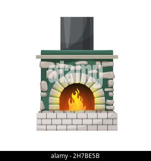 Kamin oder Herd mit brennenden Flammen. Vector Kamin mit grauer Steinplatte und Stahlkamin, Felsenrahmen und Kaminsims, isoliert ca. Stock Vektor