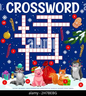 Weihnachten Kinder Kreuzworträtsel Gitter Arbeitsblatt, finden Sie ein Wort Quiz Spiel, Vektor-Puzzle. Kreuzworträtsel zu erraten Weihnachtsfiguren Schwein und Igel mit sq Stock Vektor