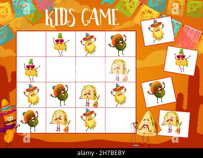 Sudoku-Spiel, mexikanische Tacos, Churros und Avocado, Nachos und Quesadilla-Zeichen, Vektor. Sudoku Tischplatten- oder Kinder-Brettspiel mit mexikanischen Cartoon-Lebensmitteln Stock Vektor