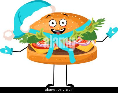 Niedlicher Hamburger-Charakter mit fröhlichen Emotionen, glücklichem Gesicht, Lächeln, Augen, Armen und Beinen in Weihnachtsmütze mit Schal und Fäustlingen. Vektorgrafik flach Stock Vektor