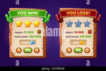 Game ui Interface Boards mit Level-Score, gewinnen oder verlieren bar, goldene Sterne und Tasten. Vektor-Cartoon-Set von gui-Elemente mit Holzplanken, Papier und Bändern, Bildschirme der kompletten und nicht Spiel Ebene Stock Vektor