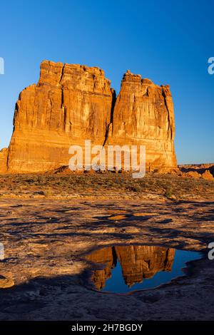 Courthouse Towers spiegelte sich in einer Pfütze am Morgen, Arches National Park, Utah Stockfoto