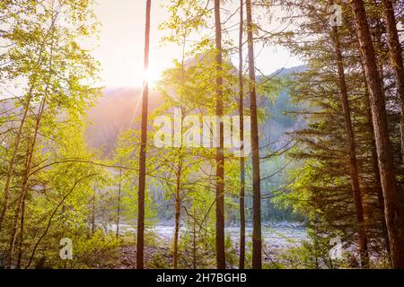 Am frühen Morgen in den Bergen - Sonnenaufgang über dem Berg am Fluss in der Taiga. Sibirien, Russland. Stockfoto
