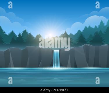 Wald Wasserfall Landschaft Stock Vektor
