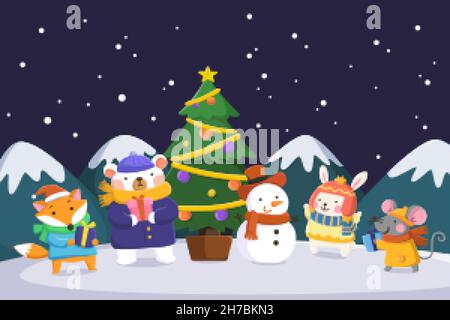 Vorlage für Weihnachtskarten. Flache Illustration von Tieren in Winterkleidung und Schneemann, der am Weihnachtsabend neben einem Weihnachtsbaum steht Stock Vektor