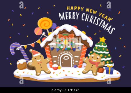Lebkuchen Weihnachtskarte Design. Flache Abbildung des mit Schnee bedeckten Hauses aus Plätzchen und Zuckereier auf dunkelblauem Hintergrund Stock Vektor