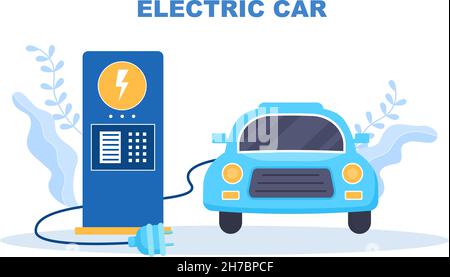 Aufladen von Elektroauto-Batterien mit dem Konzept von Ladegeräten und Kabelanschlusskabeln, die grüne Umwelt, Ökologie, Nachhaltigkeit oder saubere Luft verwenden. Vektor Stock Vektor