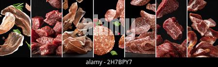 Fleischprodukte Collage, Set aus Speck, geräucherter Wurst, Schinken und rohem Rindfleisch Stockfoto