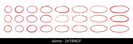 Handgezeichnete rote Ovale und Kreise gesetzt. Ovale in verschiedenen Breiten. Markieren Sie Kreisrahmen. Ellipsen im Doodle-Stil. Satz Vektorgrafik Stock Vektor