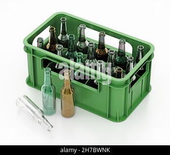 Leere Bierflaschen aus Glas isoliert auf weißem Hintergrund. 3D Abbildung. Stockfoto