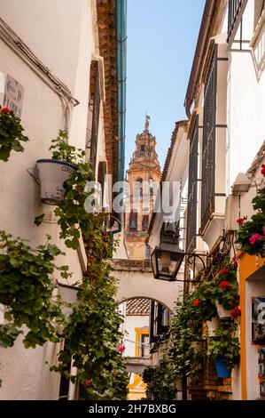 Der Renaissanceglockenturm in Cordoba umfasst Reste des ehemaligen Minaretts der Großen Moschee von Cordoba, Spanien. Stockfoto