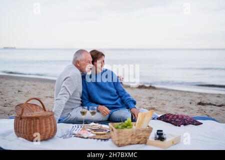Glückliches verliebter Senioren, der auf einer Decke sitzt und draußen am Strand am Meer picknickt. Stockfoto