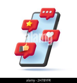 3D Render isometrische Illustration eines schwarzen Smartphones mit roten Push-Blasen über Benachrichtigungen von Likes, Sternen, Nachrichten und Hand mit Daumen nach oben Stock Vektor