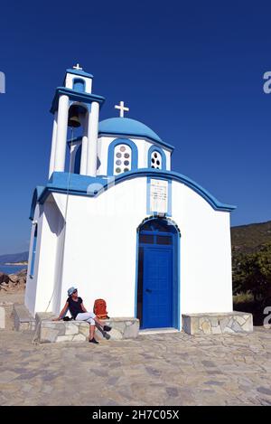 GRIECHENLAND, IKARIA, ARMENISTIS, KIRCHE VON MESSAKTI IN DER NÄHE DES DORFES ARMENISTIS IM NORDEN DER INSEL IKARIA Stockfoto