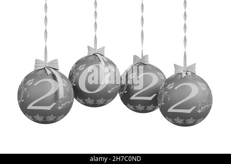 3D-Illustration. Neujahr 2022. Neujahr 2022 in Zahlen und mit Weihnachtsdekoration. Stockfoto