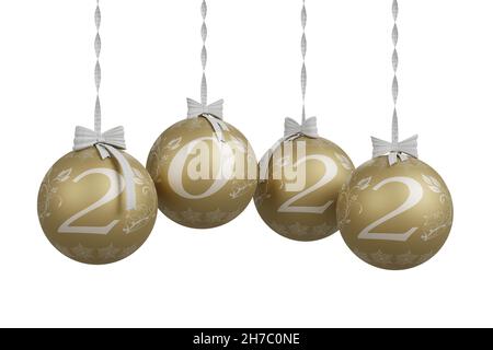 3D-Illustration. Neujahr 2022. Neujahr 2022 in Zahlen und mit Weihnachtsdekoration. Stockfoto