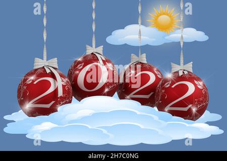 3D-Illustration. Neujahr 2022. Neujahr 2022 in Zahlen und mit Weihnachtsdekoration. Stockfoto