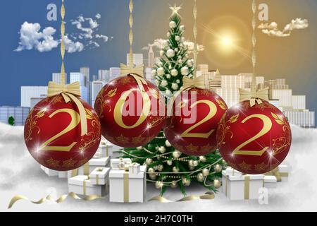 3D-Illustration. Neujahr 2022. Neujahr 2022 in Zahlen und mit Weihnachtsdekoration. Stockfoto