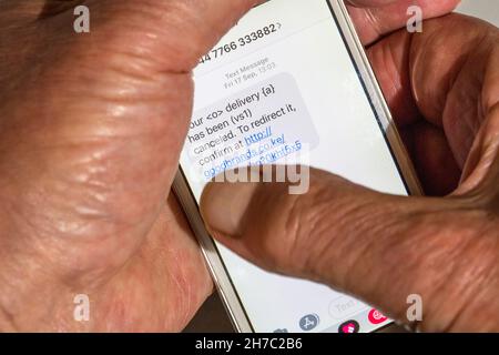 Betrügerische SMS, die auf einem Mobiltelefon empfangen wurde. Stockfoto