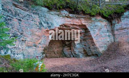 Die 40 M langen Ziedleju Klippen bestehen aus den rötlichen Sandsteinen von Gauja Suite. Ein Sandsteinausbiss am Ufer des Flusses Gauja, Incukalns, Lettland. Stockfoto