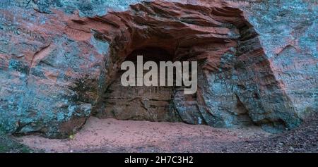 Die 40 m langen Ziedleju Klippen bestehen aus den rötlichen Sandsteinen von Gauja Suite. Ein Sandsteinausbiss am Ufer des Flusses Gauja, Incukalns, Lettland. Stockfoto