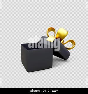 Offene Geschenkbox mit goldenem Band und Schleife. 3D Geschenk Box Dekoration Design-Element. Vektordarstellung auf transparentem Hintergrund isoliert Stock Vektor
