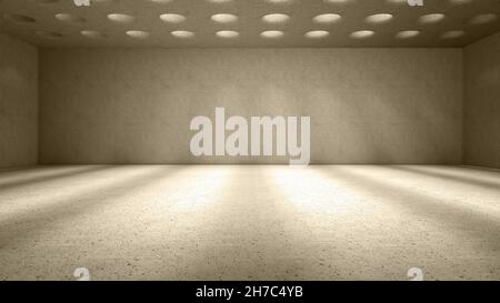Licht scheint durch runde Löcher an der Decke und wirft Schatten. Beigefarbener Betoneinbau 3D Darstellung Stockfoto