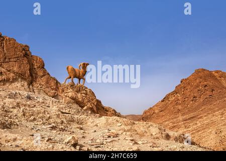 Bergoase Chebik, Sahara-Wüste, Berggipfel in der Wüste mit einer Skulptur einer Bergziege. Tunesien, Afrika Stockfoto