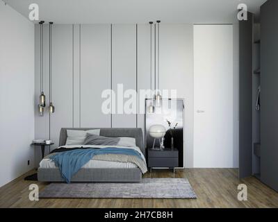 3D Rendering von modernen Luxus-Schlafzimmer in grauen Farben. Stockfoto