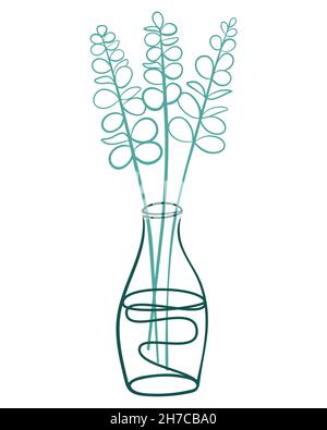Eukalyptus Zweige in einer Vasenlinie Kunst, Vektor-Illustration. Einrichtung im grünen botanischen Stil. Natürliche Dekoration, Eukalyptuszweige Handzeichnung, isoliert o Stock Vektor
