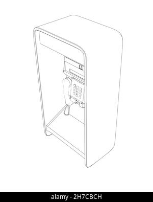 Umriss einer Kabine mit einem Straßtelefon aus schwarzen Linien isoliert auf weißem Hintergrund. Isometrische Ansicht. Vektorgrafik Stock Vektor