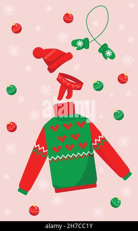 Kollektionen von Winterkleidung. Strickmütze und Schal, Handschuhe, Pullover im Weihnachtsstil, im Cartoon-Flachstil. Stock Vektor