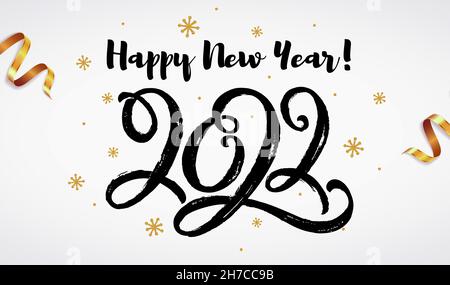 Happy New Year Banner mit Schriftzug 2022. Urlaub Vektor-Illustration mit handgezeichneten Pinsel Figuren und glänzenden Schneeflocken isoliert auf weiß. Stock Vektor