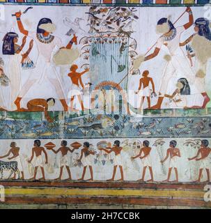 Jagd in den Sümpfen, Grab von Menna, Gräber der Adligen, Luxor, Ägypten Stockfoto