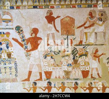 Präsentation von Proviant-Angeboten für die Reise des Verstorbenen im Jenseits, Grab von Menna, Gräber der Adligen, Luxor, Ägypten Stockfoto