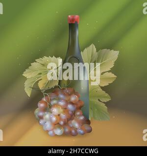 Vektorbild von realistischen Weinflasche und Trauben Stock Vektor