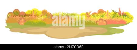 Wiese. Herbstwiese. Nahaufnahme des Grases. Ländliche schöne Landschaft. Wilder ungeschnittener Rasen. Cartoon-Stil. Flaches Design. Isoliert auf weißem Hintergrund Stock Vektor