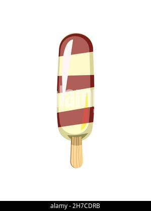 Gestreiftes, braunes und weißes Eis. Sommer Essen süßes Dessert. Flaches Design. Objekt ist auf weißem Hintergrund isoliert. Popsicle auf einem Stock. Abbildung Stock Vektor