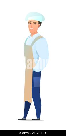 Männlicher Koch im Overall. Mann aus der Küche in einer Schürze. Fröhliche Person. Stehende Pose. Flaches Design im Comic-Stil. Ein Zeichen. Abbildung Stock Vektor
