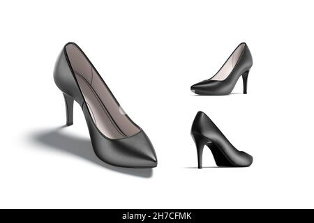 Blsnk schwarze High Heels Schuhe Nachbau, verschiedene Ansichten, 3D Rendering. Leere Lederstiefel mit Heelpiece-Mockup, isoliert. Klare weibliche Spitze er Stockfoto