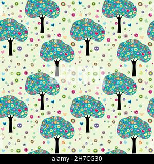 Frühlingshintergrund mit Baum, Blumen und Schmetterlingen Stock Vektor