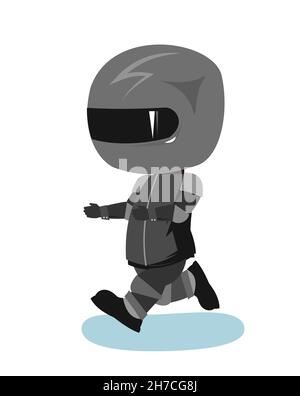 Motorradfahrer in einer schwarzen Jacke und Helm. Biker-Uniform. Läufe. Cartoon-Stil. Witziger Charakter. Flaches Design. Isoliert auf weißem Hintergrund. Vrctor Stock Vektor