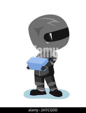 Motorradfahrer in einer schwarzen Jacke und Helm. Biker-Uniform. Schaut sich um und sucht nach jemandem, dem das Paket übergeben wird. Cartoon-Stil. Witziger Charakter Stock Vektor