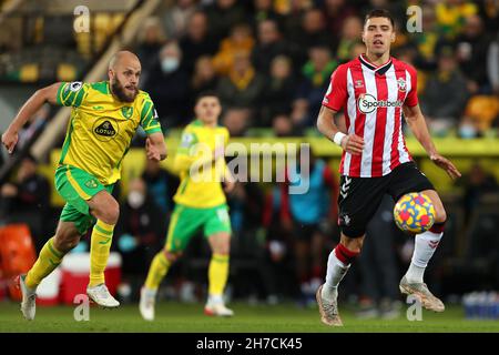 Jan Bednarek von Southampton und Teemu Pukki von Norwich City - Norwich City / Southampton, Premier League, Carrow Road, Norwich, Großbritannien - 20th. November 2021 nur zur redaktionellen Verwendung - es gelten DataCo-Beschränkungen Stockfoto