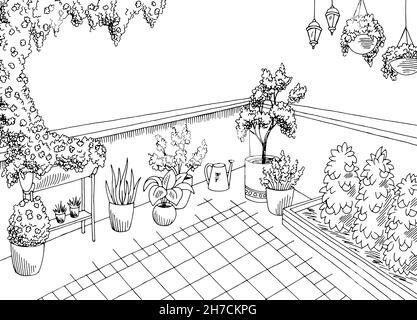 Balkon Garten Grafik schwarz weiß Interieur Skizze Illustration Vektor Stock Vektor