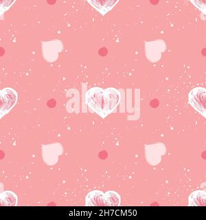 Vektor nahtloses Muster mit Aquarell-Herzen und Grunge-Elementen auf einem rosa Hintergrund. Für das Valentinstag-Design. Stock Vektor