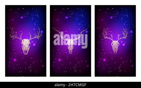 Vektor-Set aus drei Illustrationen mit goldenen Silhouetten Schädel Hirsch und Antilope vor dem Hintergrund des Sternenhimmels. Violettes Farbbild. Für Sie Stock Vektor