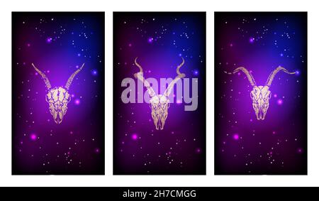 Vektor-Set aus drei Illustrationen mit goldenen Silhouetten Schädel Antilope und Ziegen vor dem Hintergrund des Sternenhimmels. Violettes Farbbild. Für Jo Stock Vektor