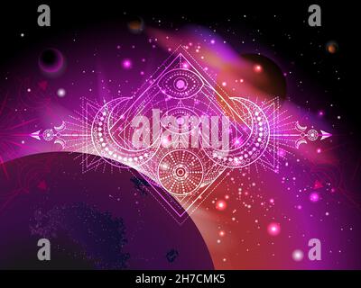 Vektor-Illustration des Heiligen geometrischen Symbol vor dem Hintergrund des Raumes mit Sonnenaufgang und Sternen. Mystisches Zeichen in Linien gezeichnet. Bild in violett und re Stock Vektor