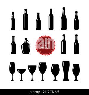 Große Ikonen für Wein oder andere alkoholische Flaschen und Gläser. Stock Vektor